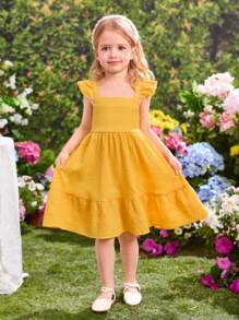SHEIN Vestido corto amarillo con volantes y mangas cortas para niña, para vacaciones de verano - Amarillo - Ver 6