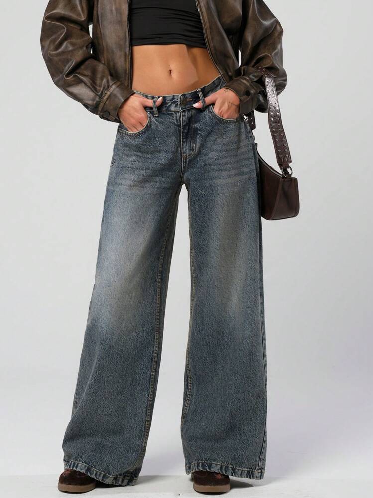 Jeans de pierna ancha, cintura baja, ajuste holgado, lavado vintage - Azul lavado medio - Ver 1