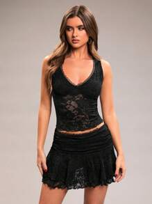 SHEIN BAE Bộ vest ren đen gợi cảm thanh lịch cho kỳ nghỉ hè, thích hợp cho hẹn hò hàng ngày, đi chơi đêm, hộp đêm, tiệc tùng, dạ hội, tiệc cocktail, bộ đồ ngày lễ, bộ váy ngắn, áo ba lỗ lưới gợi cảm cho nữ - màu đen - Xem 6