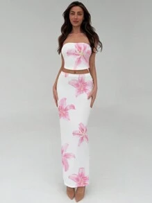Aloruh Conjunto de 2 piezas de top tubo acanalado y falda con estampado floral elegante y sexy en rosa, adecuado para vacaciones de primavera/playa, cita romántica de San Valentín, salida de moda, festival de música