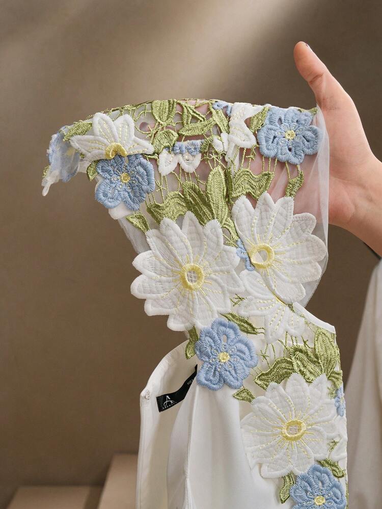 Elegant Floral Embroidery & Hollow Out Ruched Waist Women's Dress, Festival/Going Out/Vacation Outfits, Beach, Spring Dresses For Women