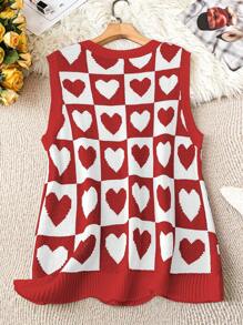 SHEIN LUNE Plus Size V-Neck Heart Shaped Valentine's Day Red Sweater Vest Winter Fall Autumn - Red and White - View 2
