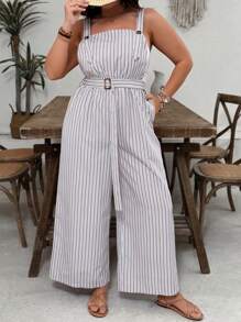 SHEIN VCAY 大码海岛度假条纹口袋阔腿连体裤，休闲宽松腰带连体衣