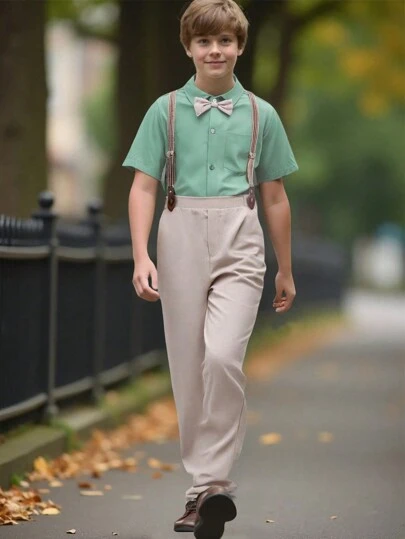 2pcs Tween Boy Gentlemen Suit 2 Pieces Set: Vest And Pants, Elegant And Outfit For Birthday Party, Evening Gala, Wedding, Christening, Christmas Party Tshirt