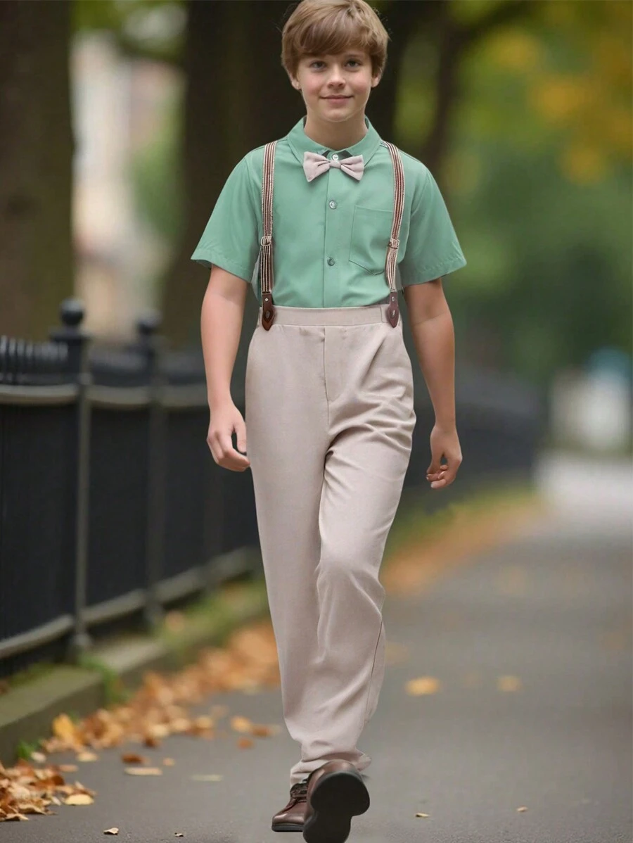 2pcs Tween Boy Gentlemen Suit 2 Pieces Set: Vest And Pants, Elegant And Outfit For Birthday Party, Evening Gala, Wedding, Christening, Christmas Party Tshirt