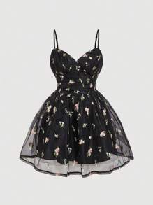 SHEIN MOD Vestido negro bordado con flores abullonado, romántico y elegante para citas, fiestas y días festivos