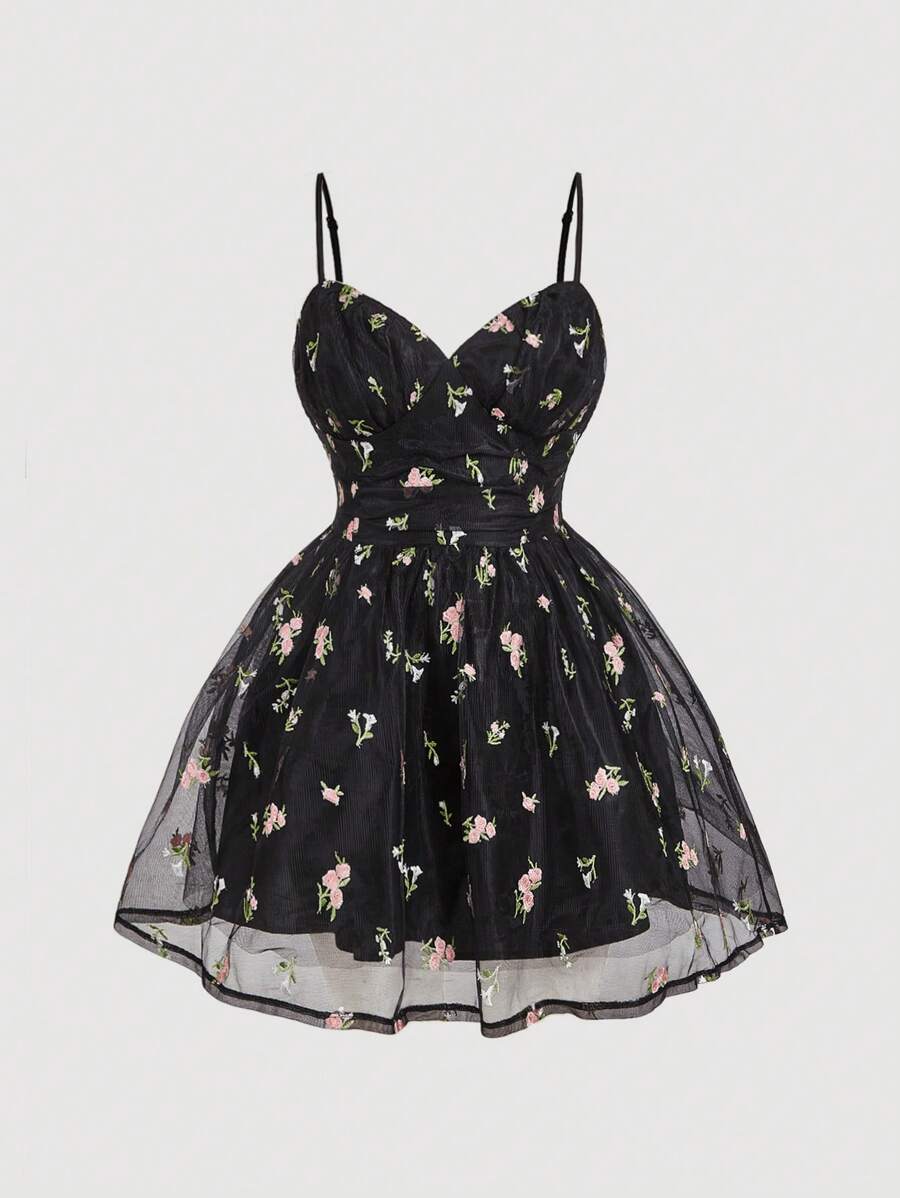 SHEIN MOD Vestido negro bordado con flores abullonado, romántico y elegante para citas, fiestas y días festivos