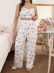 3pcs Plus Size Pajama Set With Bi-Color Heart Print & Ribbed Details - Multicolor - View 6