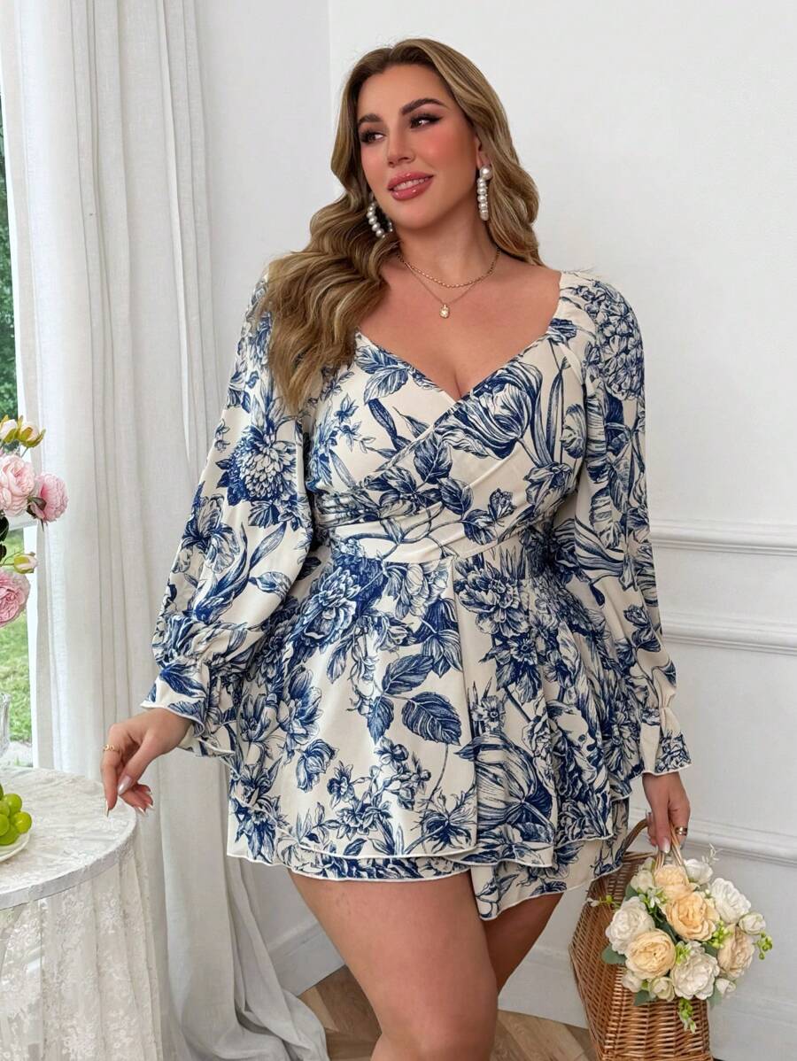 Flirla 时尚性感 V 领碎花优雅长袖连体裤，修身设计，春秋新品 - 藍色 - 查看 1