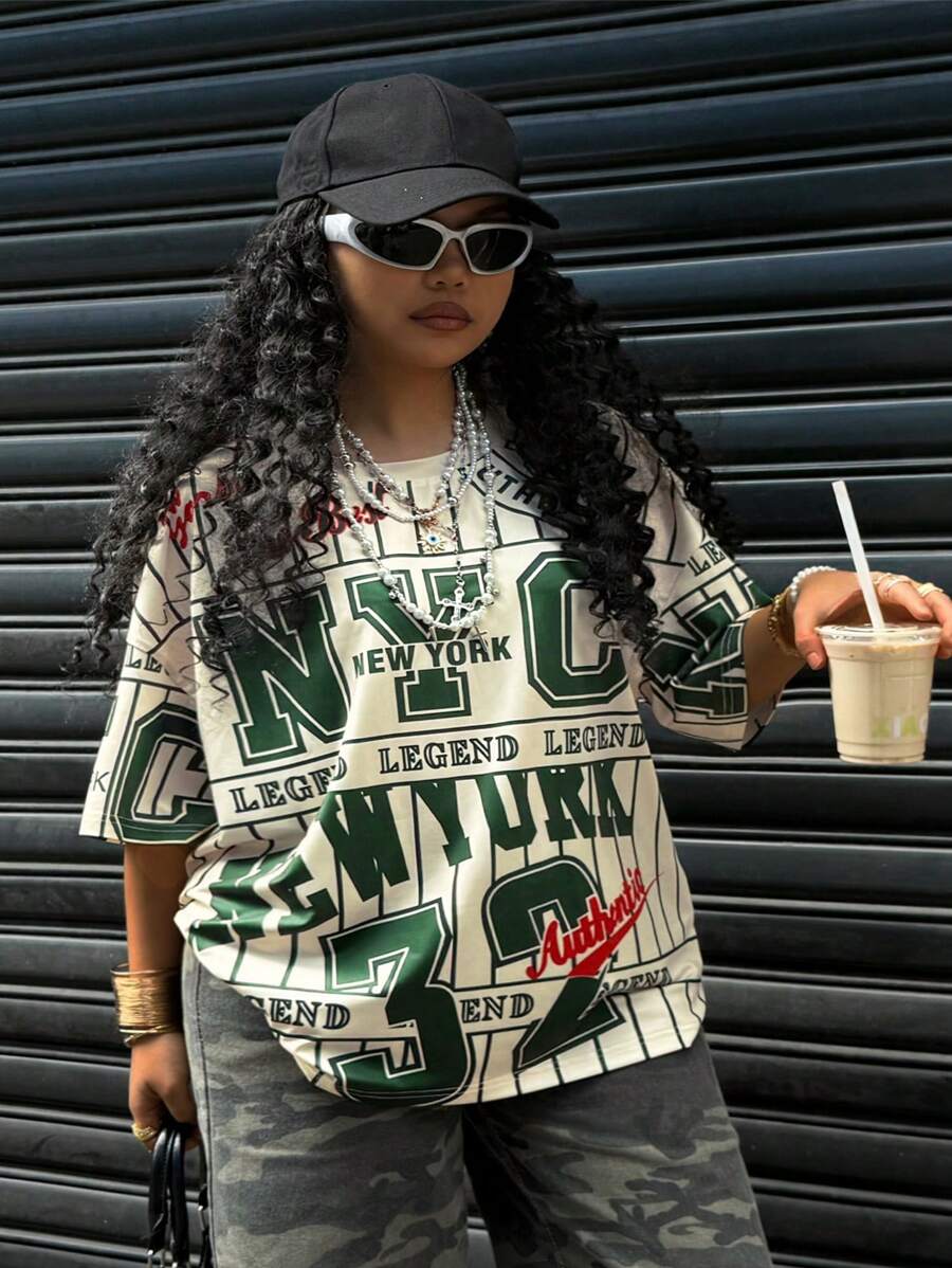 Rovax Plus Size Women Letter Print Round Neck Drop Shoulder Casual T-Shirt - Multicolor - View 1