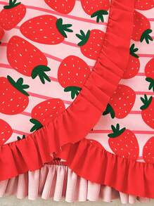 SHEIN Young Girls Bikini Sets Swimsuits Cute Strawberry Digital Print Three Pieces Girls Swimsuit Bikini Set With Mermaid Skirt Design Polyester Fabric Suitable For Summer Trips To The Beach And Pool - Red - View 4