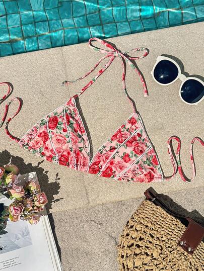 SHEIN VCAY Damen Neckholder Rückenfreier Bedruckter Bikini Top mit Schleife