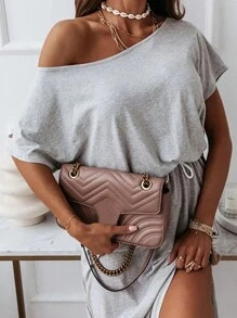 SHEIN Essnce 女士休闲不对称领短袖侧开衩中长连衣裙 - 淺灰色 - 查看 5