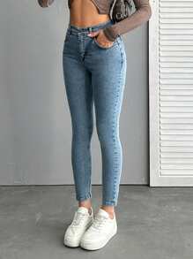SHEIN Cottnline SUPER STRETCH HIGH WAIST SKINNY Blue JEAN - Light Wash - View 4