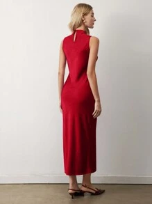 BizChic 红色缎面垂褶领无袖鱼尾连衣裙，优雅都市通勤日常浪漫90年代复古风，适合圣诞节、新年、情人节、派对、海滩、毕业典礼、时尚、节日、假日、婚礼宾客、早午餐、机场等多种场合。 - 酒紅色 - 查看 6