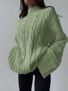 Aloruh Minimalist Apricot Retro Cable Knit Long Sleeve Sweater, Autumn/Winter - Mint Green - View 4