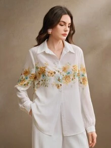 Anewsta Camisa de manga larga con estampado floral elegante y romántico, blusa de primavera para mujer - Albaricoque - Ver 7