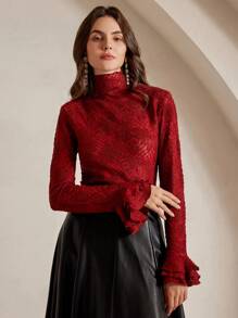 Anewsta Crochet Hollow High Collar Asymmetrical Ruffle Cuff Fitted Crochet Top - Red - View 6