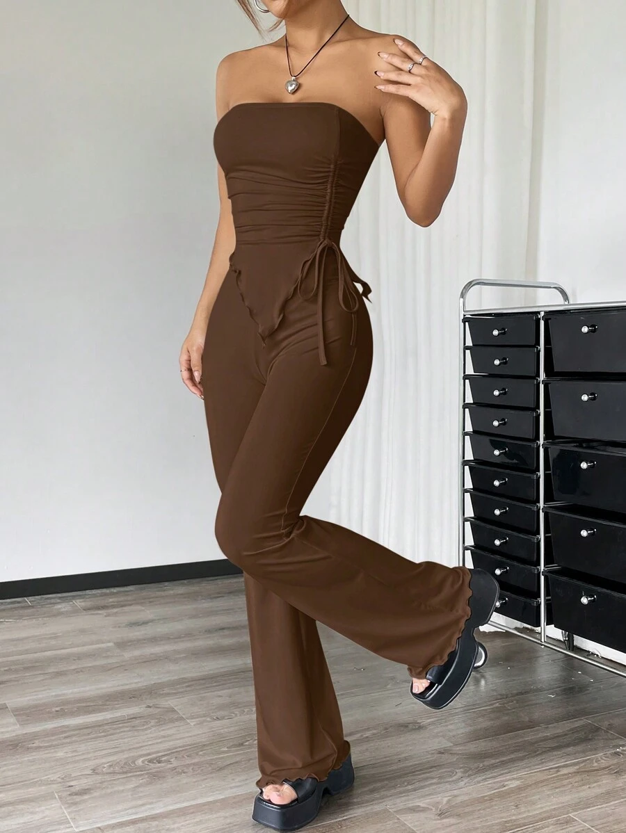SHEIN EZwear Conjunto de 2 piezas con top camisero asimétrico fruncido color marrón mousse y pantalones acampanados, para primavera/verano - Marrón Mocha - Ver 1