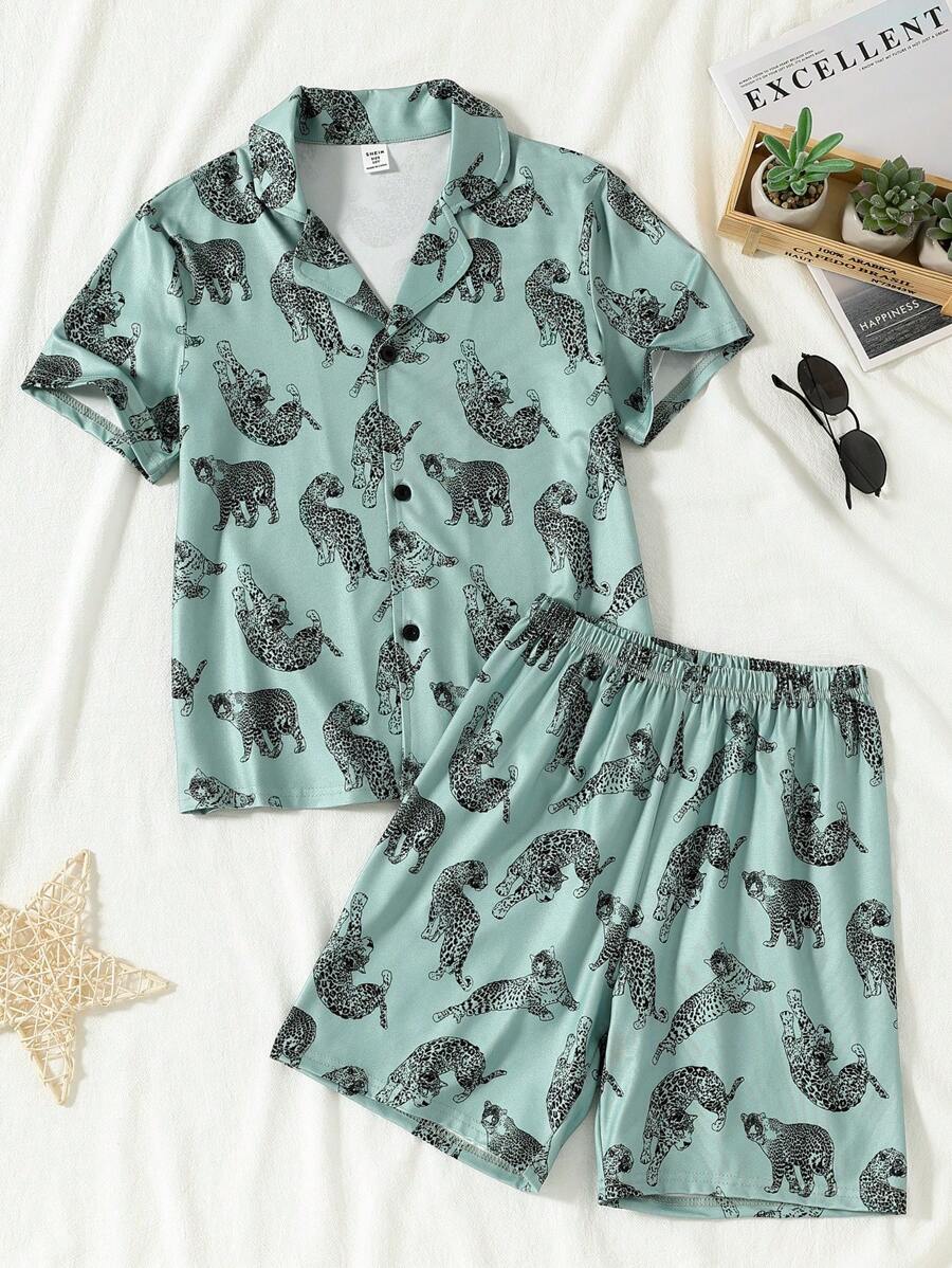 2pcs/Set Tween Boy Classic Polo Collar Cardigan, Leopard Print Short Sleeve T-Shirt And Shorts Loungewear Set - Multicolor - View 1