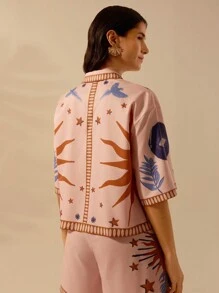 CAJUNI 女士波西米亚风恶魔之眼、太阳、星星、小鸟印花、节日休闲夏季宽松粉色衬衫 - 彩色 - 查看 2