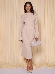 COSMINA Váy dài tay cổ lệch màu kem thanh lịch dành cho nữ, Xuân/Hè - Kem - Xem 1