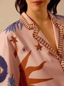 CAJUNI 女士波西米亚风恶魔之眼、太阳、星星、小鸟印花、节日休闲夏季宽松粉色衬衫 - 彩色 - 查看 4