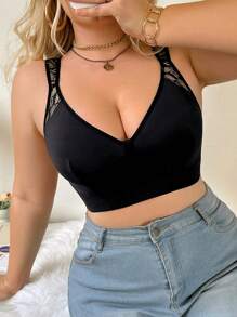 1 件大码女士蕾丝拼接无钢圈文胸 - 黑色 - 查看 3