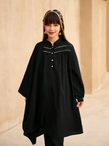 SHEIN 2 件套 Tween Girl 黑色长袖上衣和黑色裤子，配金色纽扣金色饰带细节，适合日常穿着、春秋季、斋月 - 黑色 - 查看 6