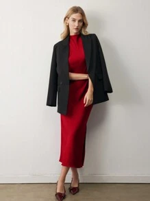 BizChic 红色缎面垂褶领无袖鱼尾连衣裙，优雅都市通勤日常浪漫90年代复古风，适合圣诞节、新年、情人节、派对、海滩、毕业典礼、时尚、节日、假日、婚礼宾客、早午餐、机场等多种场合。 - 酒紅色 - 查看 4