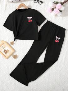 Sparklyn Tween Girls Cherry Fruit Graphic Short Sleeve T-Shirt And Shorts 2 Pieces Casual Activewear Set, Knit Fabric For Spring/Summer Summer Holiday - Black - View 2