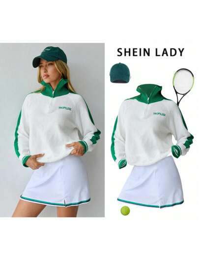 Hanevo Women Sporty Color Block Zip Up Embroidery Detail Pullover Sweater Sportwear For Daily Wear Knit Pullover Fall Winter Outfit