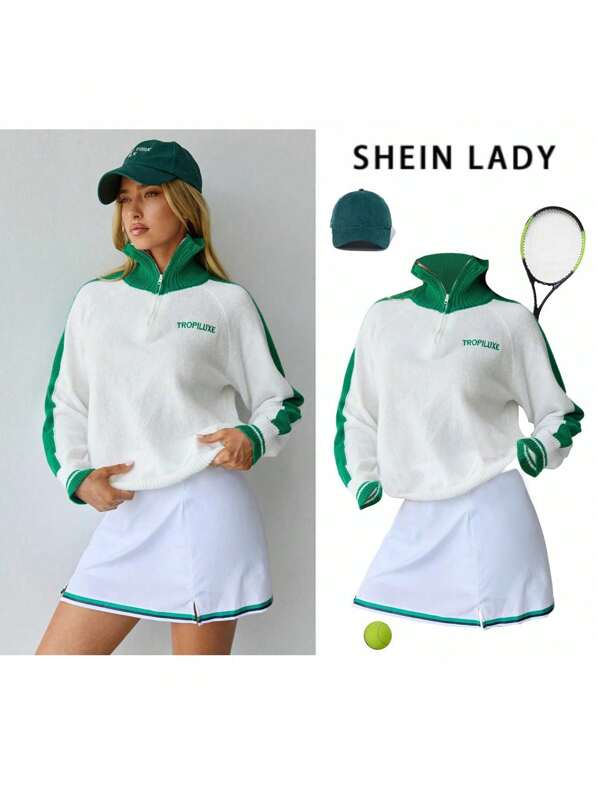 Tropiluxe Women Sporty Color Block Zip Up Embroidery Detail Pullover Sweater Sportwear For Daily Wear
