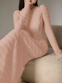 Modelyn Vestido largo de estilo árabe con cuello redondo, manga larga y decoración de cristales, de unicolor para mujer