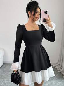 SHEIN Clasi Plus Size Solid Color Block Square Neck Long Sleeve Casual Black And White Mini Dress - Black - View 3