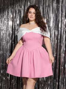 SHEIN MOD Vestido corto de hombro único con bloque de color rosa y gran lazo, vestido de recepción de boda, vestido rosa, vestido con lazo, vestido elegante, vestido de fiesta sexy, vestido de dama de honor, Día de San Valentín, talla grande - Rosa - Ver 4