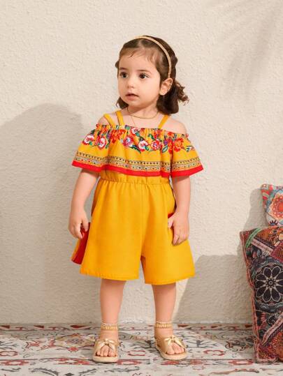 SHEIN Baby Girl Yellow Casual Minimalist Holiday Style Four-Way Stretch Fabric Print Off Shoulder Camisole With Elastic Waist Jumpsuit, Suitable For Outdoor Travel, Spring/Summer