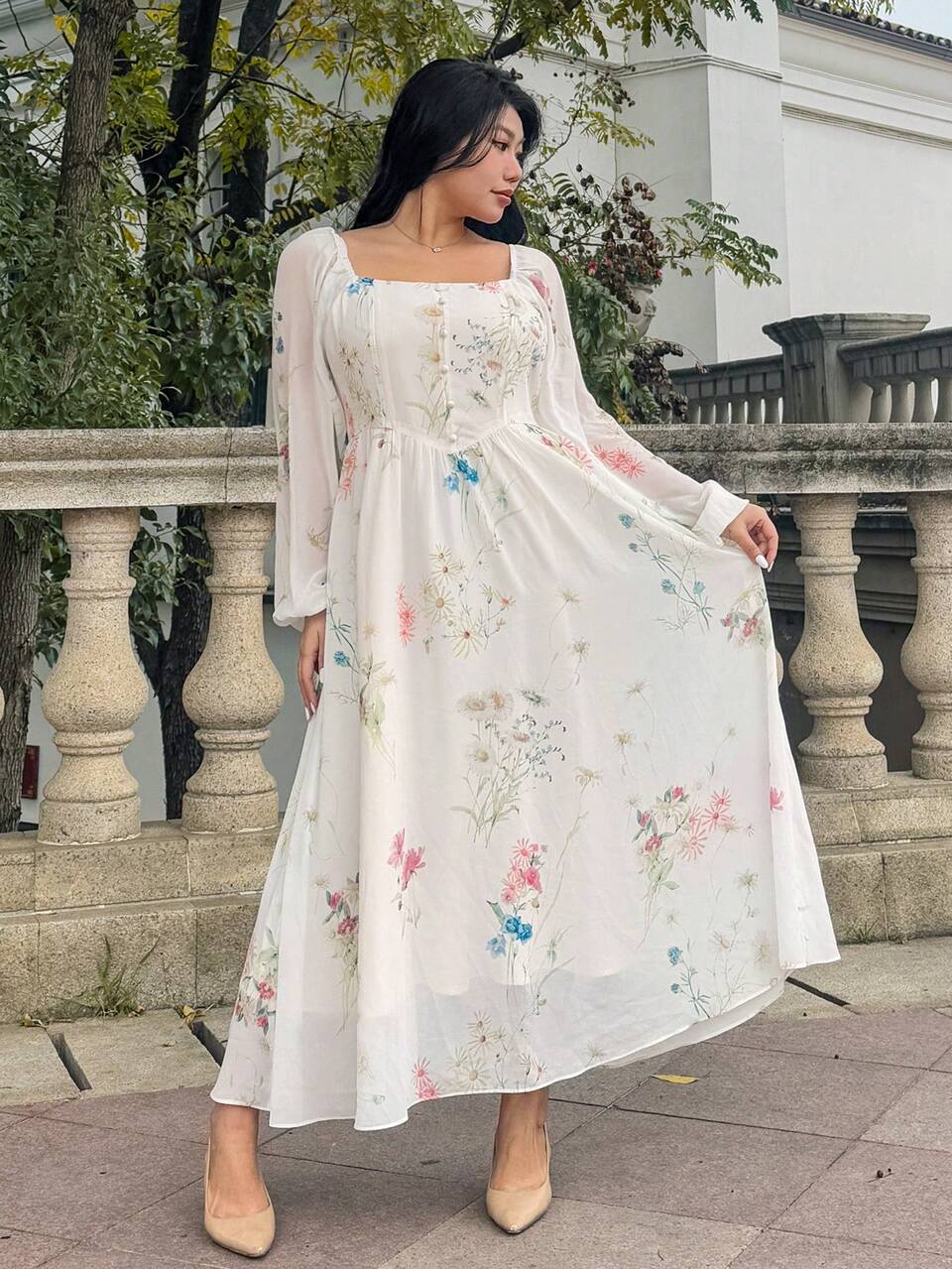 Dazy Petite Plus Plus Size Floral Print Mock Neck Bodycon Long Sleeve Splice Dress, White, Spring/Fall,Ruffle Easter