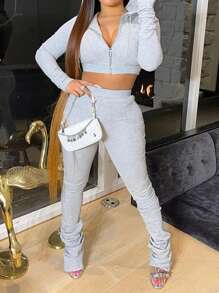 INAWLY 2pcs Women's Set: Light Gray Drawstring Hooded Sweatshirt And Elastic Waist Long Pants With Zipper Pockets