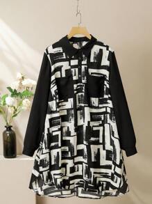 Lacomfia 2pcs Plus Size Women Retro Geometric Patchwork Long Sleeve Shirt And Pants Set Fall Cloth For Women