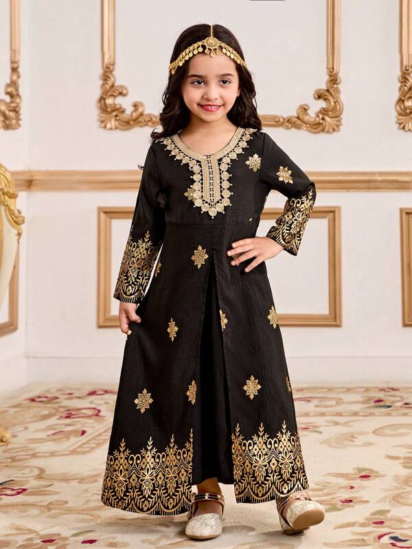 SHEIN Kleine Mädchen Gold Hot Stamping Langarm Kleid, eleganter Stil geeignet für Nationalfeiertag, Festivals, Partys, Frühling, Herbst, Ramadan