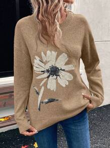 EMERY ROSE Suéter casual de cuello redondo de manga larga con detalle gráfico para mujeres - Caqui - Ver 3