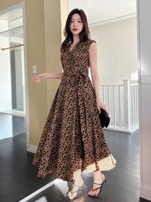 DAZY Robe en mousseline imprimé léopard élégante avec design de ceinturage à la taille pour femmes, imprimé guépard