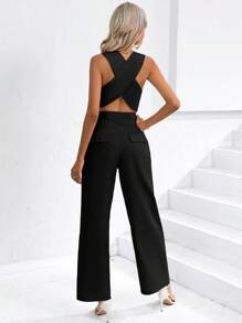 SHEIN Privé 2 件套女士纯色前扣无袖上衣和长裤套装 - 黑色 - 查看 2