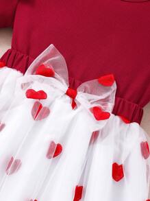 Tween Girls Solid Ribbed Top And Heart Net Skirt 2 Pieces Set - Red - View 8