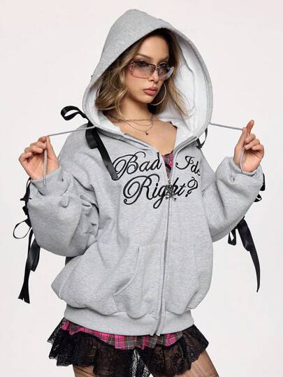 Street Life Street Y2K Style Oversized Color Block Tied Bow Embroidered Logo Hooded Sweatshirt For Women