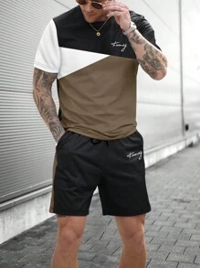 Manfinity CasualCool Men's Contrast Color Letter Print Short Sleeve T-Shirt & Shorts Set - Multicolor - View 1