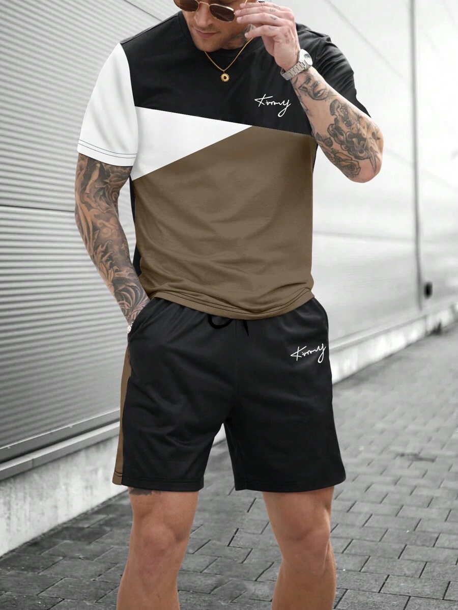 Manfinity CasualCool Men's Contrast Color Letter Print Short Sleeve T-Shirt & Shorts Set - Multicolor - View 1