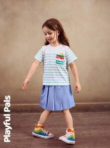 SHEIN 2 PIECES Ensemble chemisier et jupe plissée pour filles, t-shirt à manches courtes avec motif contrastant rayé et soleil, et jupe mini polyvalente, casual pour le quotidien, les sorties, l'école, les fêtes, printemps/été/automne - Multicolore - Voir 5