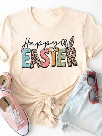 INAWLY Easter Words & Leopard Bunny Print Plus Size Women Short Sleeve Round Neck T-Shirt